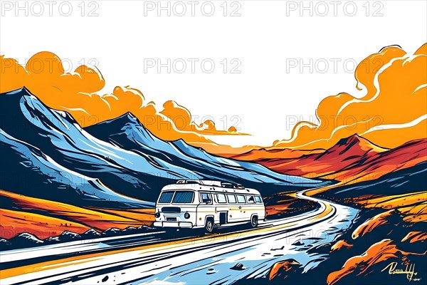 Illustration painting caravan camper, AI generated