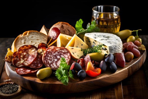 Bavarian snack plate overflowing with assorted cured meats draping, AI generated