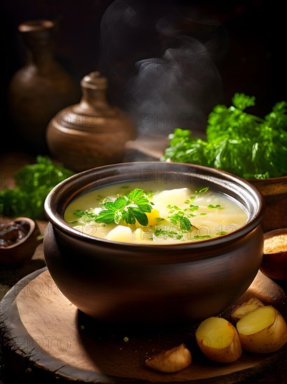 Potato soup steaming in a rustic earthenware bowl garnished with vibrant fresh herbs, AI generated