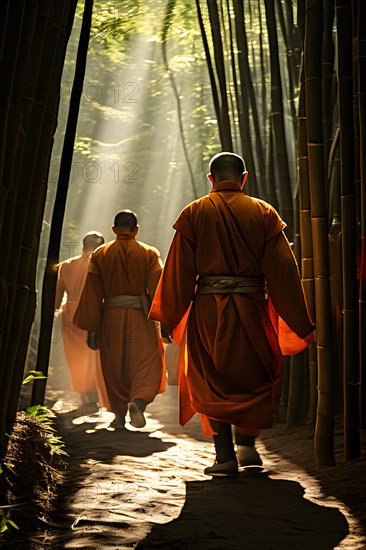 Shaolin disciples clad in traditional orange robes walk in a serpentine single file bamboo stalks, AI generated