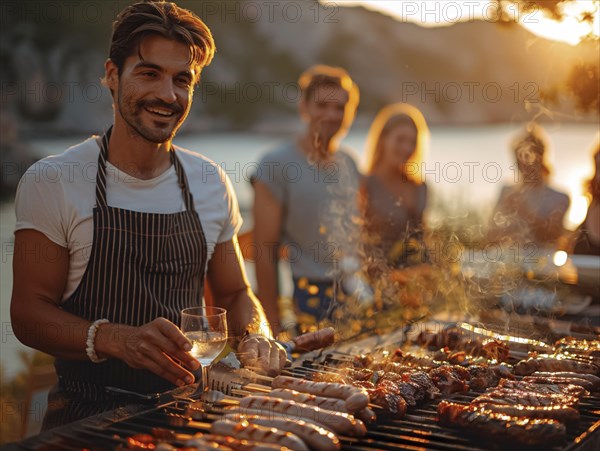 Barbecue party, guests with glasses in their hands stand around a chef who is grilling sausages and steaks, AI generated