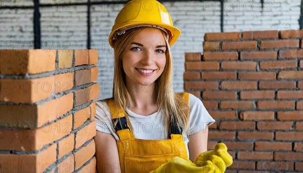 AI generated, A female bricklayer inspects a brick wall, 30, 35, years