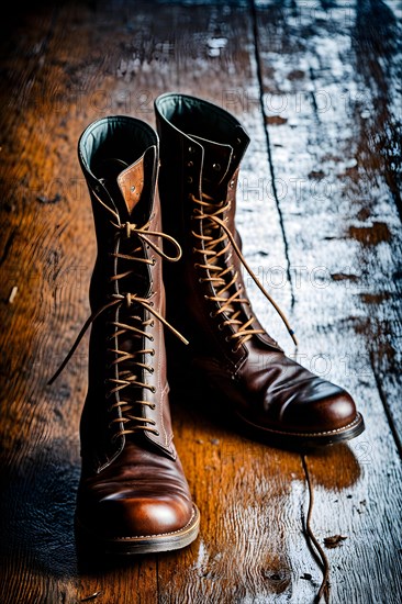 Well worn leather boots creased and scuffed narrative of adventure standing on expansive floor, AI generated