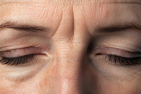 Close up of frown line wrinkles between eyes and eyebrows of middle-aged woman. KI generiert, generiert AI generated