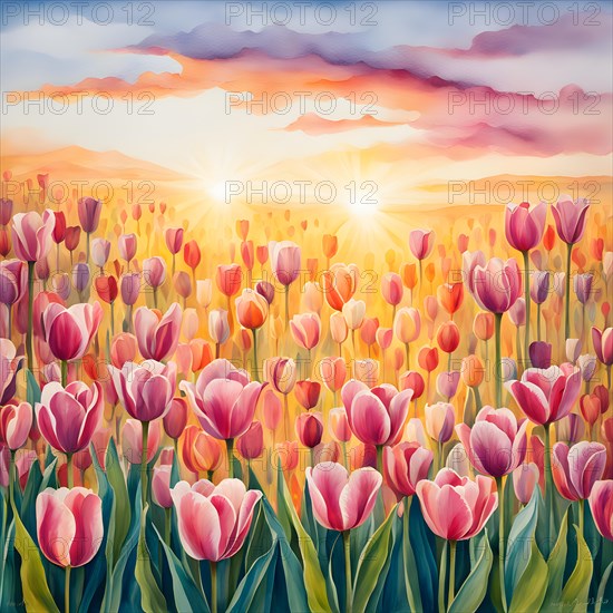 Tulip field immersed in the warm glow of sunset watercolor vibrant painting, AI generated