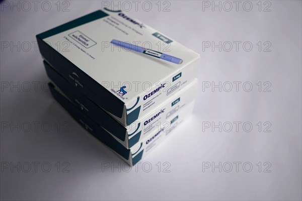 Boxes of the drug Ozempic stacked on top of each other, for diabetes 2 patients, Stuttgart, Baden-Wuerttemberg, Germany, Europe