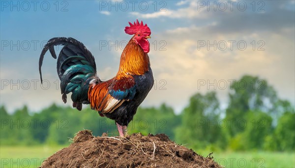 KI generated, A beautiful rooster stands on a dung heap, farmyard, (Gallus gallus domesticus)