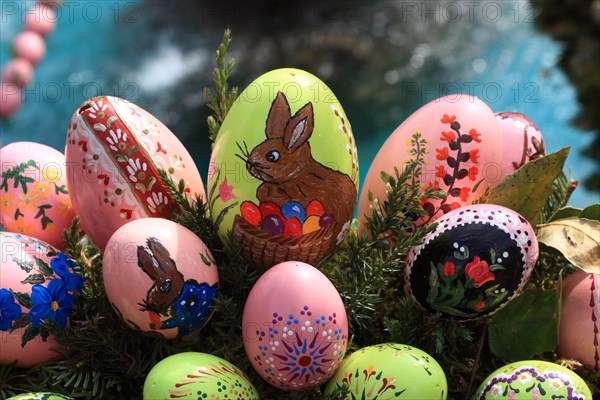 Detail of an Easter fountain in Franconian Switzerland, Bamberg district, Upper Franconia, Germany, many colourful blown-out and dyed eggs as decoration, Easter custom, Europe