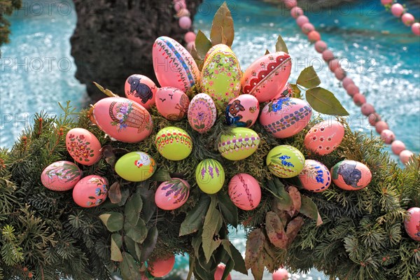 Detail of an Easter fountain in Franconian Switzerland, Bamberg district, Upper Franconia, Germany, many colourful blown-out and dyed eggs as decoration, Easter custom, Europe