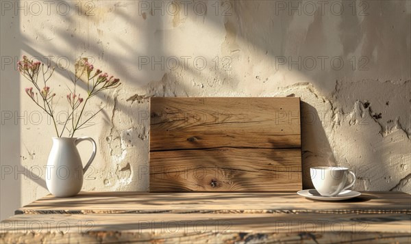 A cozy scene with a wooden board, small vase with flowers, and a cup of coffee on a table AI generated