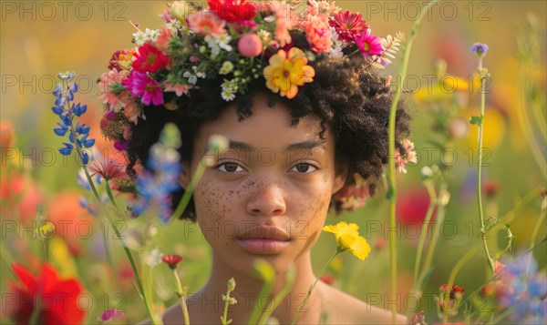 Thoughtful woman with a floral crown against a nature background AI generated