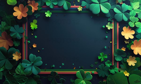 Rich green clovers bordering a slate-colored space glow elegantly against a dark background AI generated