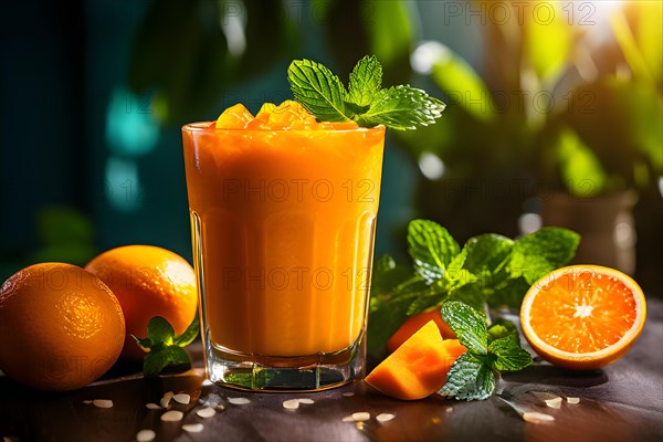 Bright orange mango and carrot smoothie garnished with mint leaf textures, AI generated