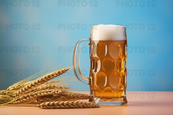 Large mug of beer with wheat grain on blue background. KI generiert, generiert AI generated