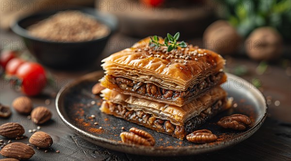 Sumptuous layered baklava with nuts and syrup on a dark plate, ai generated, AI generated