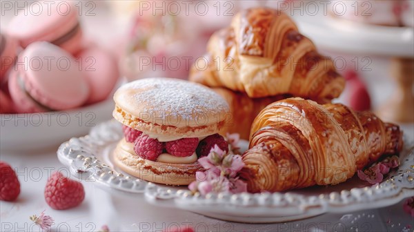 Elegant dessert plate with pastel macarons, flaky croissants, fresh raspberries, and delicate flowers, ai generated, AI generated