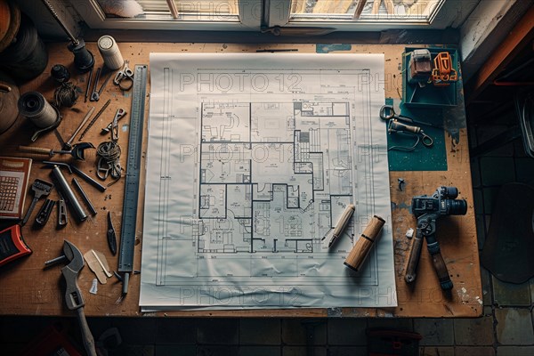 Architectural blueprint and tools on a wooden table in a workshop, AI generated