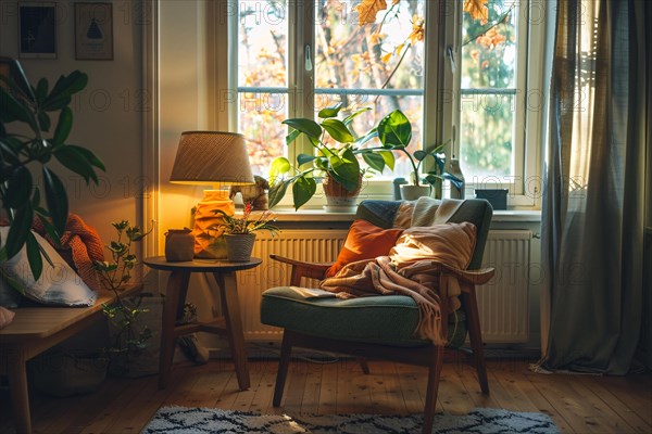 A cozy reading nook with lush plants, warm lighting, and an inviting green armchair, AI generated