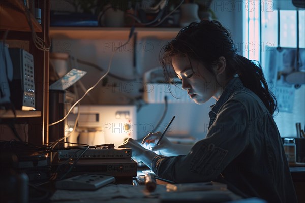 A woman is soldering electronics in a dimly lit workshop, illuminated by the glow of her work, AI generated