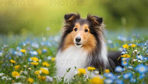 AI generated, A long-haired collie lies in a colourful meadow of flowers