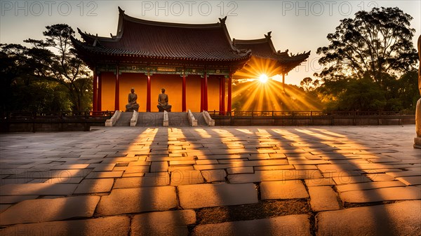 Shaolin temple embraced by the warm glow of sunset, AI generated