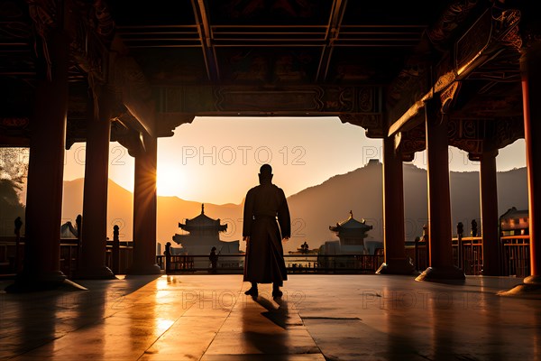 Shaolin temple silhouetted against a radiant sunset, AI generated