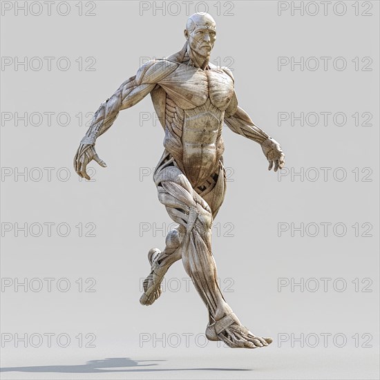 Realistically depicted anatomical model in a dynamic walking pose for movement study, AI generated, AI generated, AI generated