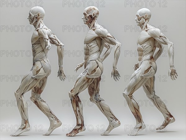 Three skeletons in different walking phases in front of a neutral background, AI generated, AI generated
