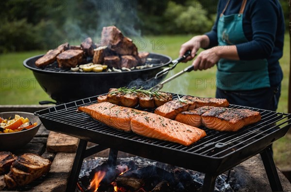 A chef grilling slabs of salmon on a smokey outdoor barbecue, AI generated