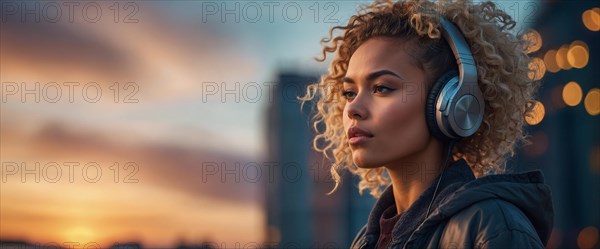 Pensive blonde woman with curly hair and headphones in the soft evening glow of the urban setting, lens bokeh blurred background, horizontal aspect ratio, AI generated