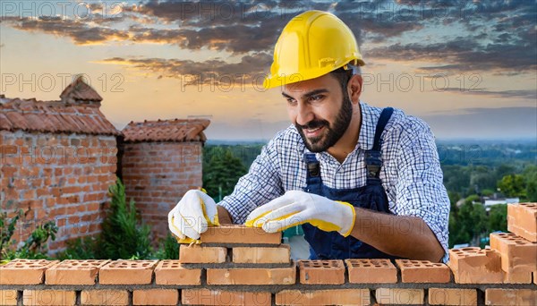 AI generated, A bricklayer inspects a brick wall, 30, 35, years