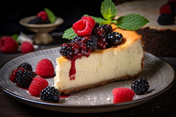 Slice of traditional german cheesecake with rasbberry and blackberry fruits on plate. KI generiert, generiert AI generated