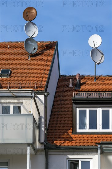 Red tiled roofs and satellite dishes, Kempten, Allgaeu, Bavaria, Germany, Europe