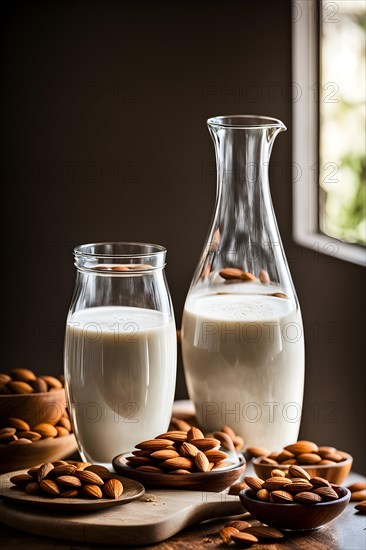 Almond milk cascades into a glass backlight from a sunlit window casting a warm glow on the scatter, AI generated