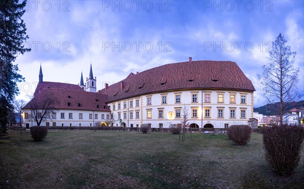 Goess Abbey at the blue hour, former monastery of the Benedictine nuns, panoramic view, Leoben, Styria, Austria, Europe