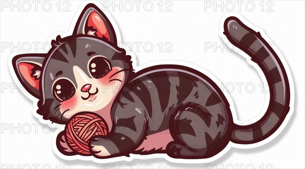 A black and pink cartoon kitten sticker playing with a ball of yarn, ai generated, AI generated