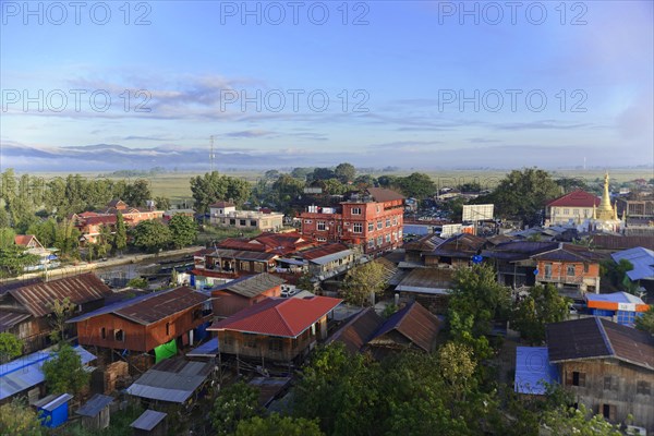 Urban architecture with background of nature and blue sky, Pindaya, Inle Lake, Myanmar, Asia