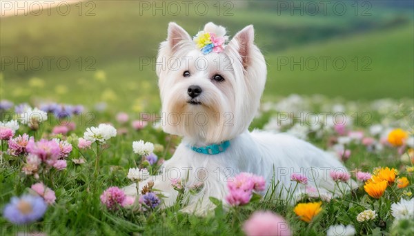 KI generated, A white Yorkshire Terrier lying in a flower meadow, (Canis lupus familiaris)