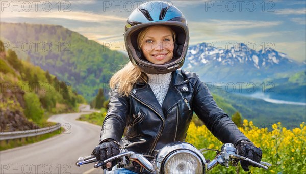 AI generated, An attractive woman rides her motorbike through an autumn landscape