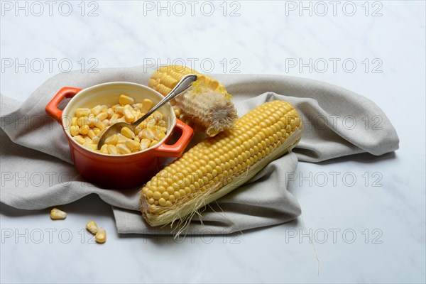 Fresh maize kernels in pots and cobs, corn (Zea mays)