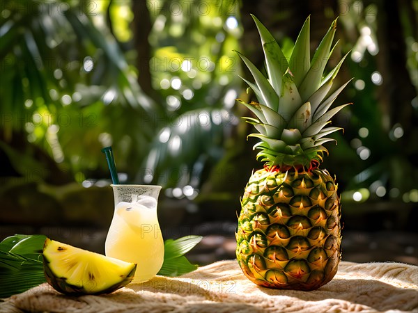 Pineapple as the vessel for a freshly prepared pina colada nestled on a woven picnic blanket, AI generated