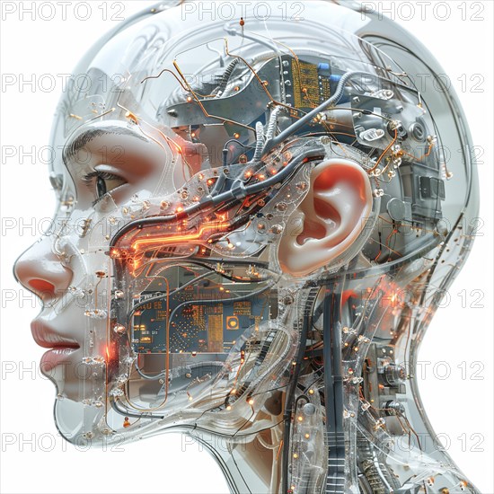 Medical a human head with brain and computer chip, symbol image KI in the human brain, ai generated, AI generated