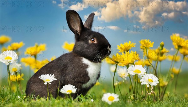 KI generated, A black and white dwarf rabbit in a meadow with white and yellow flowers, spring, side view, (Brachylagus idahoensis)