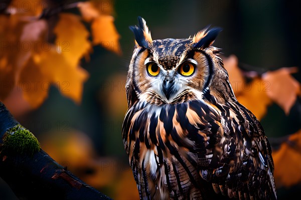 European eagle owl large piercing eyes on a branch, AI generated