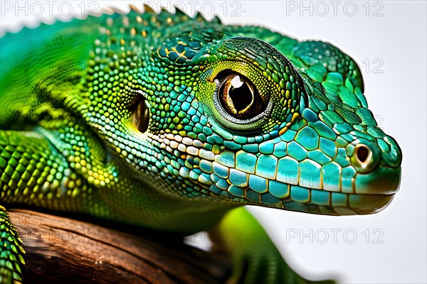 European green lizard portrait with its vibrant colors in hues of green and blue, AI generated