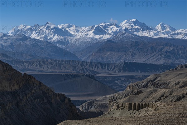 Desert landscape before the Annapurna mountain range, Kingdom of Mustang, Nepal, Asia