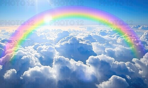Bright rainbow arching over fluffy clouds against a blue sky AI generated