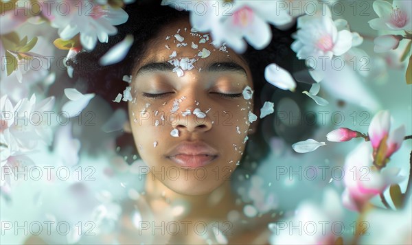 A tranquil scene with a woman amidst floating flower blossoms AI generated