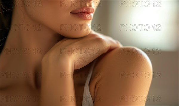A close-up of a woman with a subtle smile, basked in natural light, exudes tranquility AI generated
