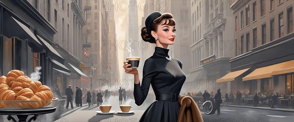 Elegant woman in retro outfit buying coffee to go on a bustling new york city city street, 1960's mood, AI generated